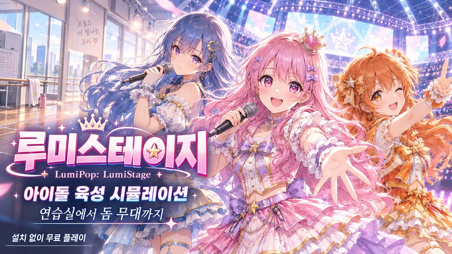 루미스테이지 공식 게임 소개 일러스트. 무대복 차림의 세나·리나·나리와 연습실에서 돔 무대로 이어지는 배경, 루미스테이지 제목, 아이돌 육성 시뮬레이션 및 설치 없이 무료 플레이 안내.