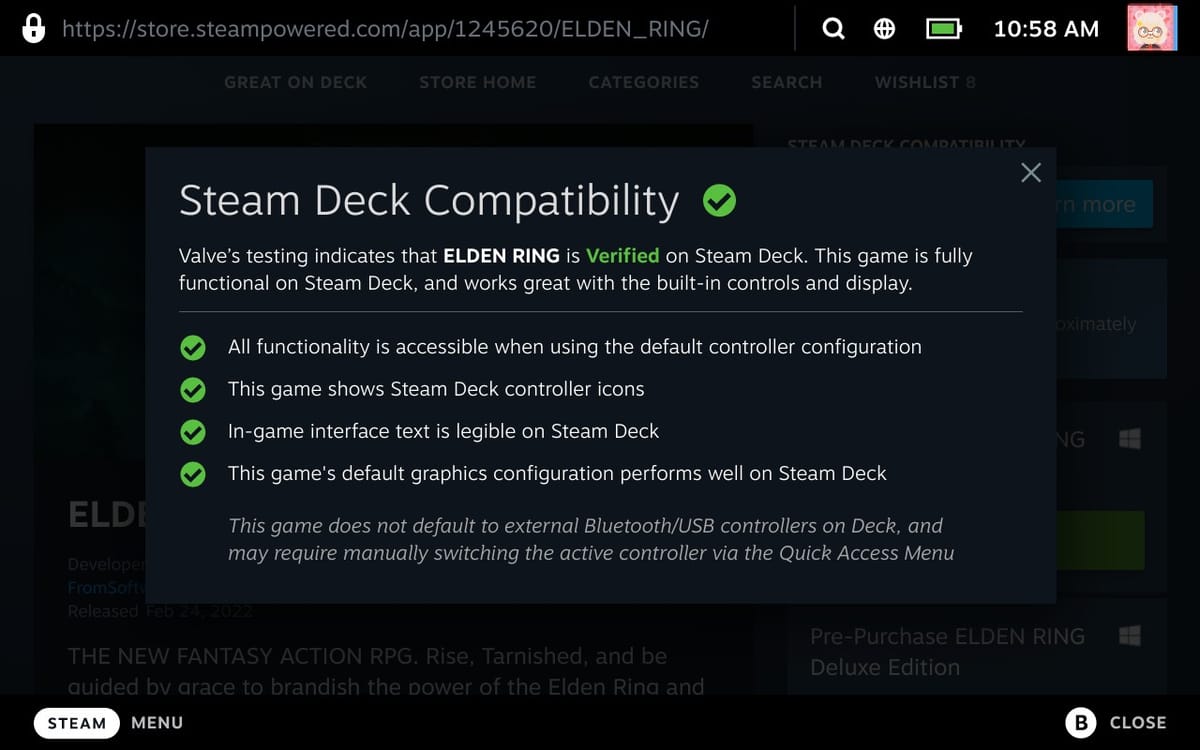 게임별 Steam Deck Compatibility 상세 화면에서 조작·글자·그래픽 검수를 표시한 Valve 공식 예시