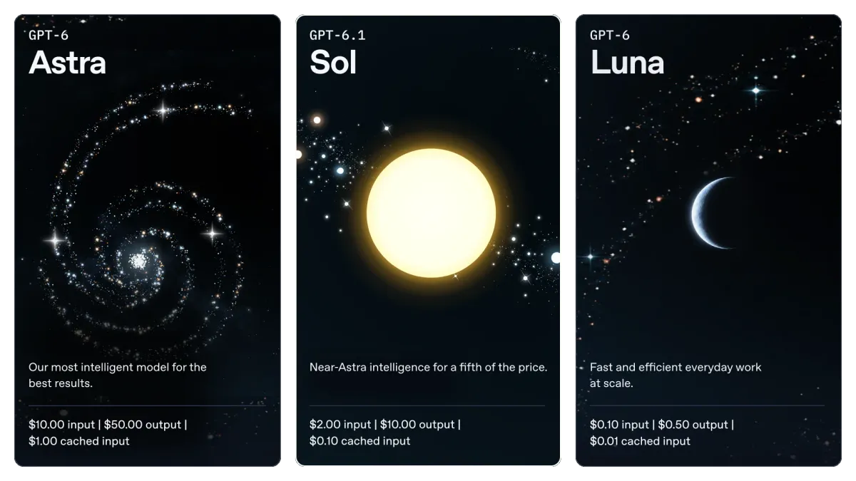 Astra와 GPT-6.1 Sol, Luna의 공식 모델 소개 및 API 요금 비교