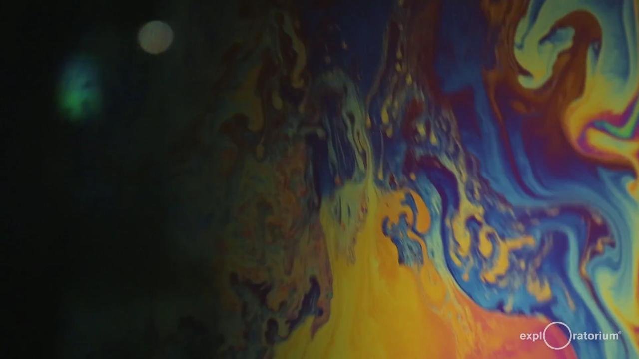 얇은 비누막에 노랑·파랑·보라의 흐르는 간섭색이 보이는 Exploratorium 공식 전시영상 포스터 원본