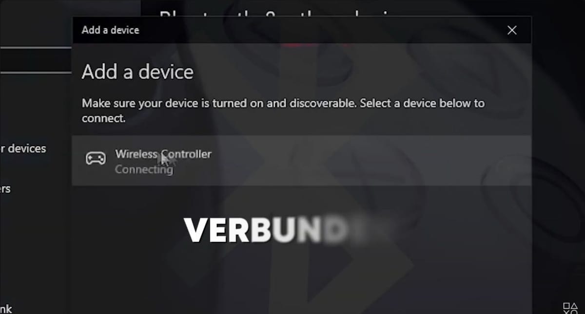 PlayStation 공식 영상의 Windows 장치 추가 창에 Wireless Controller와 Connecting이 표시된 예시