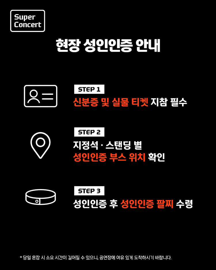 신분증과 실물 티켓 지참, 부스 위치 확인, 성인 인증 팔찌 수령의 세 단계