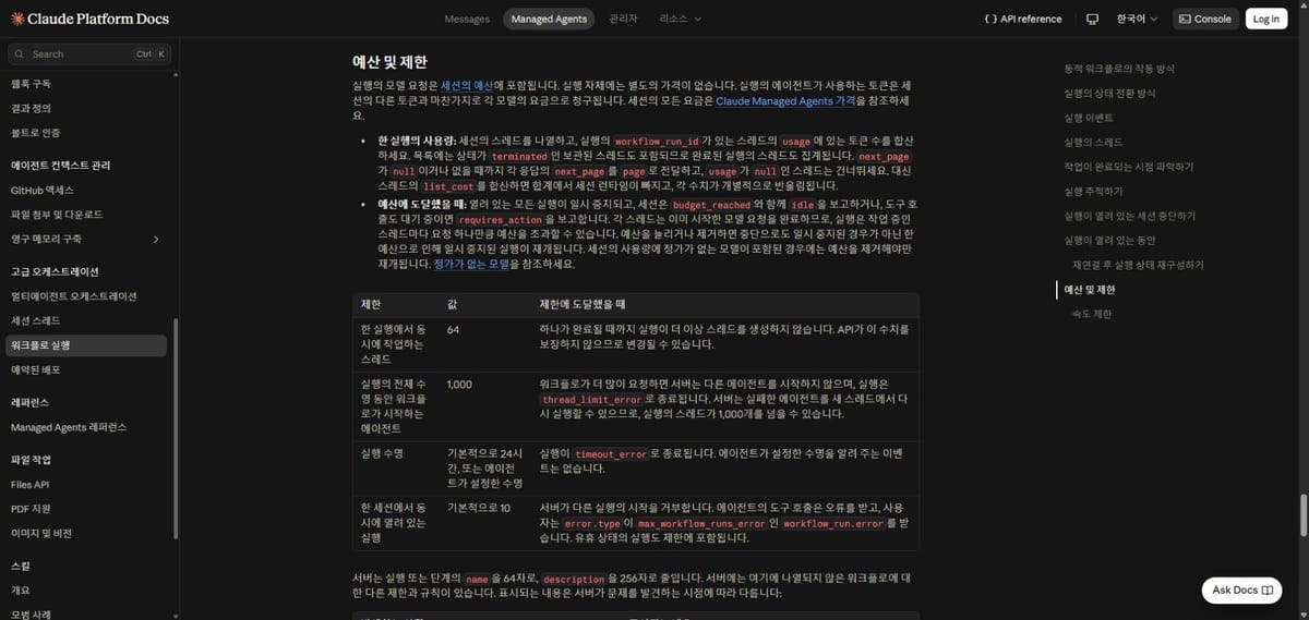 동시 작업64·전체수명1000·기본수명24시간·기본 열린실행10개의 한계를 구분한 공식 표 화면