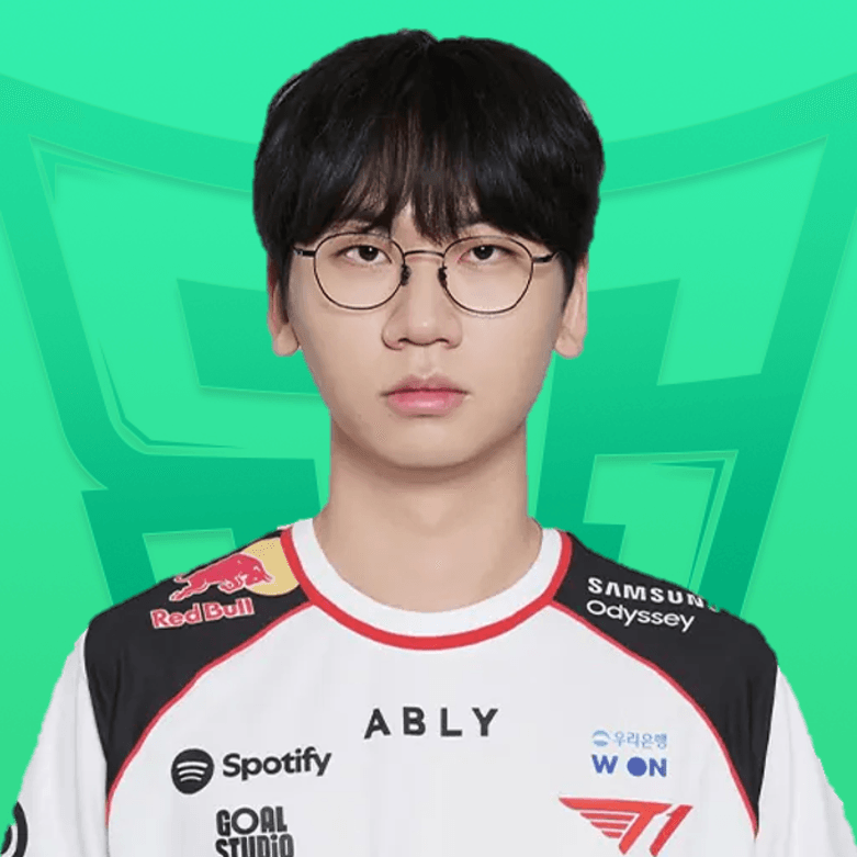 T1 유니폼을 입은 도란 최현준의 공식 에이전시 프로필 사진
