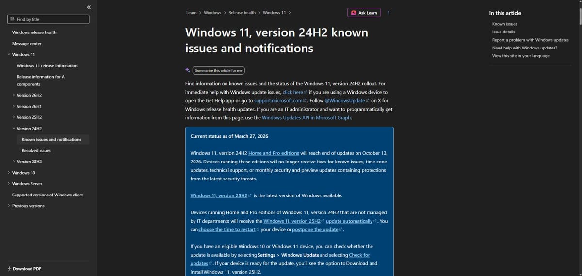 Windows11 24H2 홈·프로의 지원 종료일과 종료 후 제공되지 않는 업데이트를 설명한 공식 공지