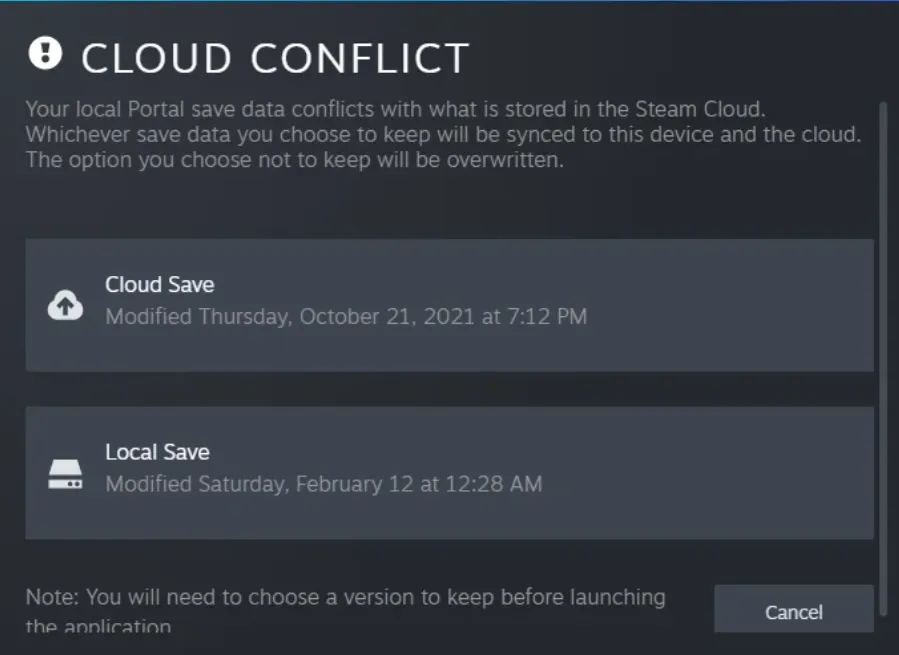 클라우드 저장과 로컬 저장 중 보존할 버전을 선택하는 Steam 공식 예시 화면